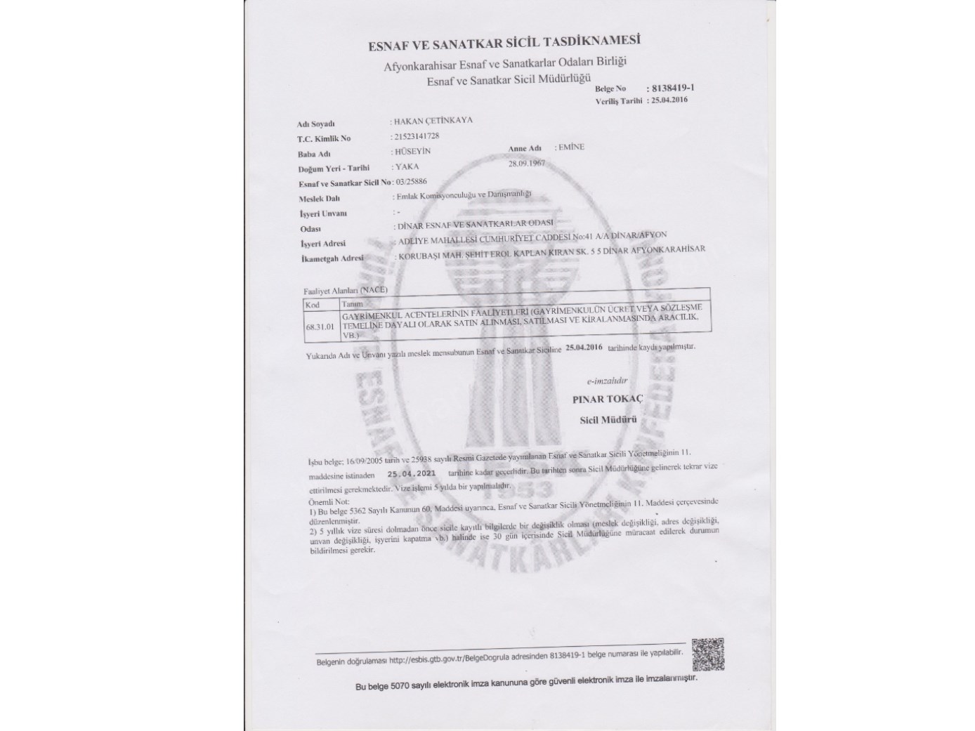 ESNAF  VE SANATKARLAR SİCİL BELGESİ