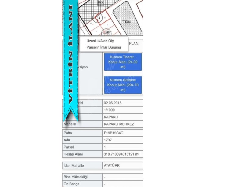 KAPAKLI DA TİCARİ VE KONUT İMARLI 318 M2 SATILIK ARSA
