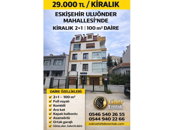 Uluönder Mah. Tepebaşı Kiralık Daire |  2+1 Oda | 100M2 Aylık 27.500Tl  Krediye Uygun  Eşyalı  | 2. Kat | Doğalgaz(Kombi) | 1 Banyo | 2 Yatak Odası Resim-1