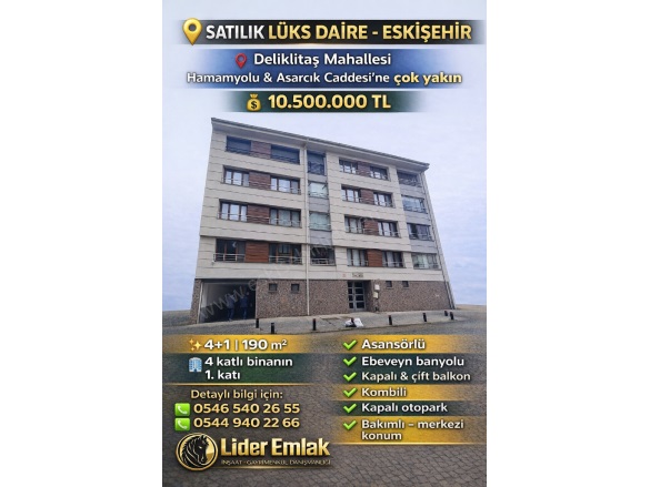 Deliklitaş Mah. Odunpazarı Satılık Daire |  4+1 Oda | 190M2 10.500.000Tl  Krediye Uygun  | 1. Kat | Doğalgaz(Kombi) | 2 Banyo | 4 Yatak Odası Resim-1