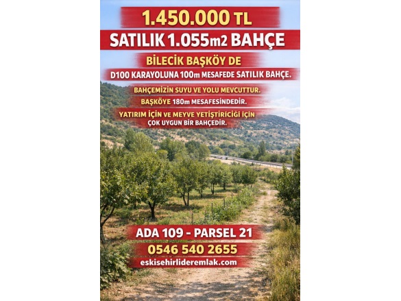 Başköy Köyü Bilecik Satılık Bağ |  1055M2 1.450.000Tl Resim-1