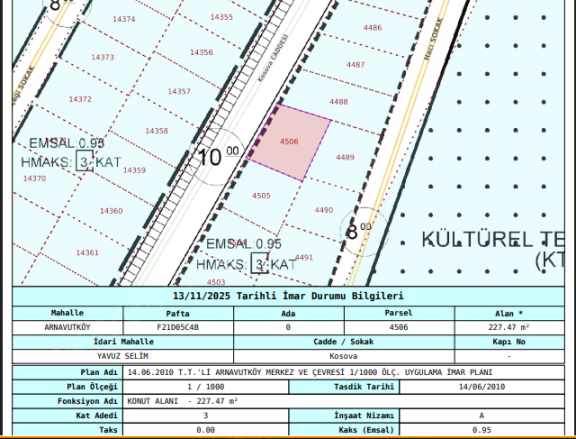 Arnavutköy Yavuzselim Mah Satılık Arsa 227 M2 Cadde Cephe Müstakil 3 Kat imarlı Yavuz Selim