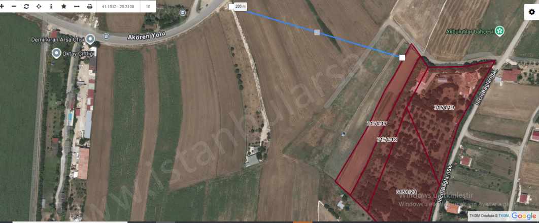 Silivri Akörende Satılık Tarla 20 Dönüm Çiftlik Müstakil Akören Mah