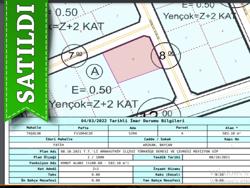 Arnavutköy Tayakadın Türkköşede Satılık Arsa , 583 M2 Müstakil İmarlı