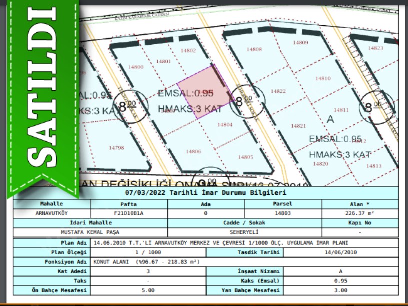 Arnavutköy Merkezde Satılık Arsa , 226 m2 Caddeye 2.Parsel Müstakil