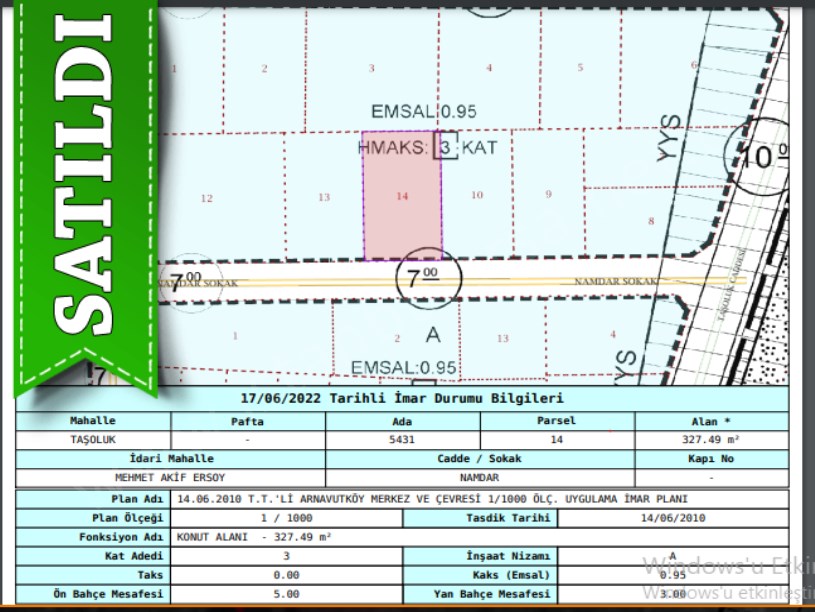 Arnavutköy Taşolukta Satılık Arsa , 327 M2 Müstakil 3 Katlı İmarlı
