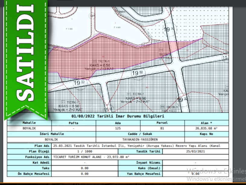 Arnavutköy Boyalıkta Satılık Arsa , 1,800 M2 Ticari + Turizm İmarlı