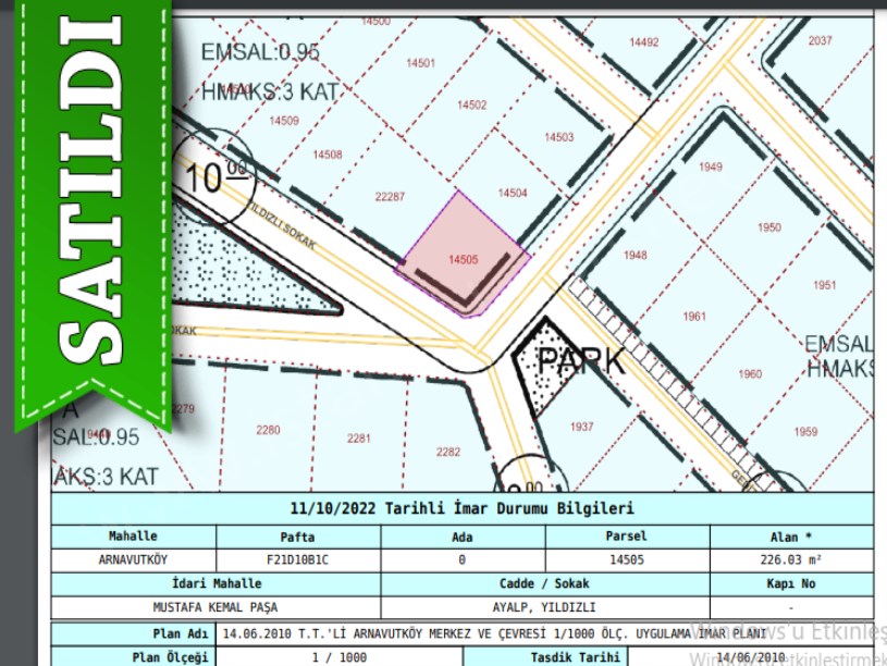 Arnavutköy Mustafa Kemalpaşa Mah Satılık Arsa , 226 m2 Köşe Başı 