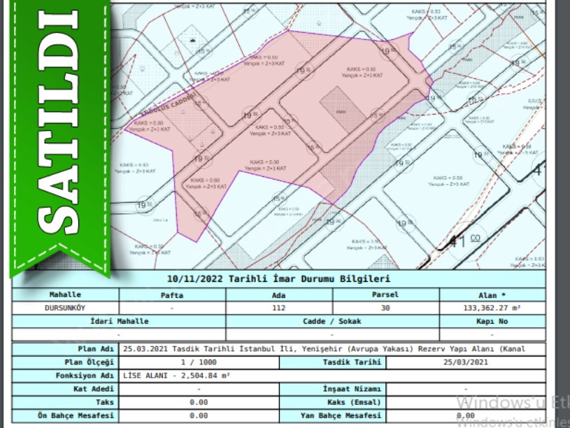 Arnavutköy Dursunköyde Satılık Arsa , 370 M2 Cadde Cephe Yolu Var