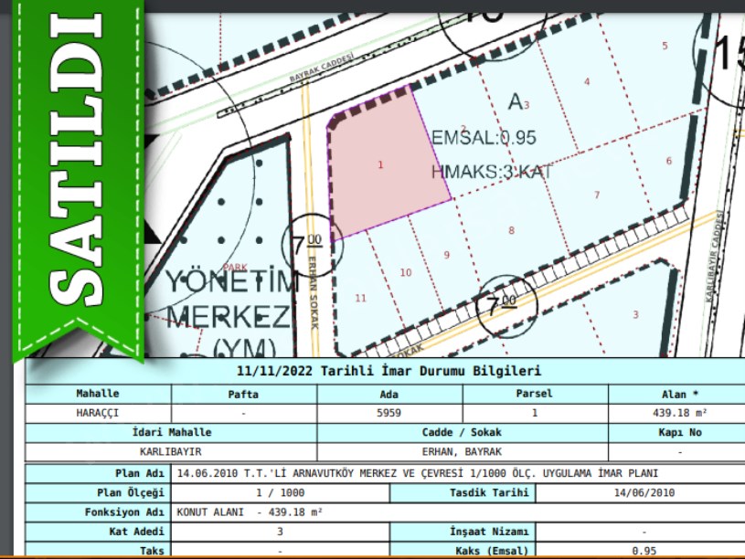 Arnavutköy Haraççıda Satılık Arsa , 439 M2 Cadde Cephe Köşe Başı