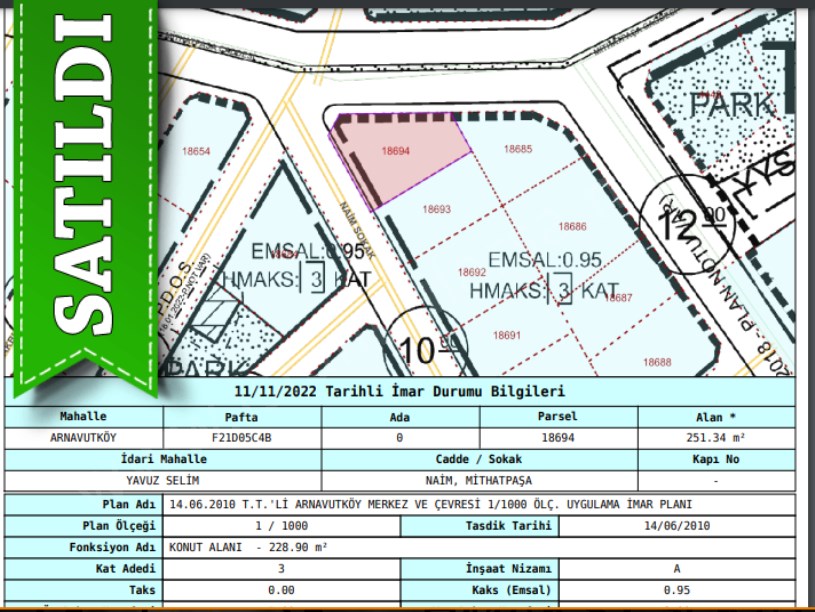 Arnavutköy Yavuzselim Mah Satılık Arsa , 251 M2 Cadde Cephe Köşe Başı