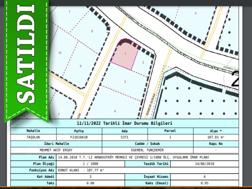 Arnavutköy Taşolukta Satılık Arsa , 188 M2 Cadde Cephe Köşebaşı