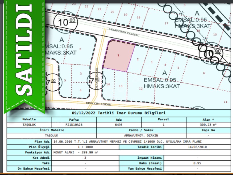 Arnavutköy Taşolukta Satılık Arsa , 300 m2 Köşe Başı Çift Dairelik Cadde Cephe