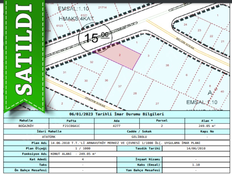 Arnavutköy Boğazköyde Satılık Arsa , 249 M2 Cadde Cephe Müstakil