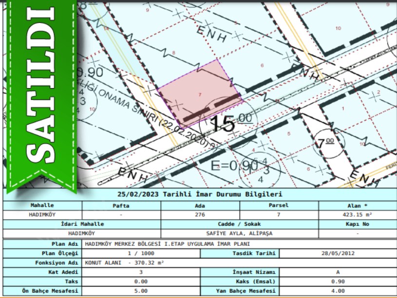 Arnavutköy Hadımköyde Satılık Arsa , 428 M2 Cadde Cephe Müstakil