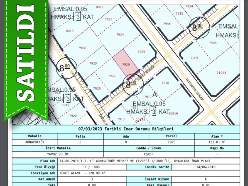 Arnavutköy Yavuzselim Mah Satılık Arsa , 133 m2 3 Kat İmarlı