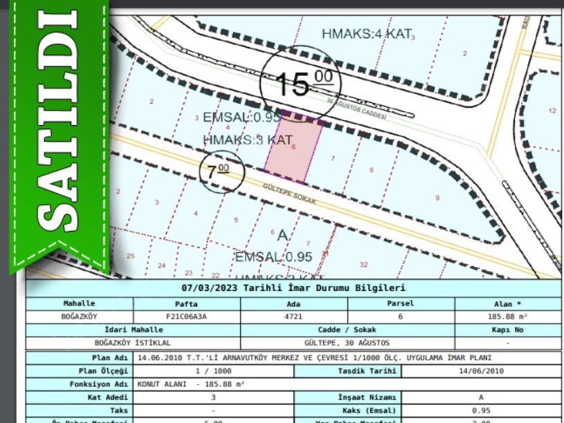 Arnavutköy Boğazköyde Satılık Arsa , 186 m2 30 Ağustos Caddesine Cephe Müstakil 