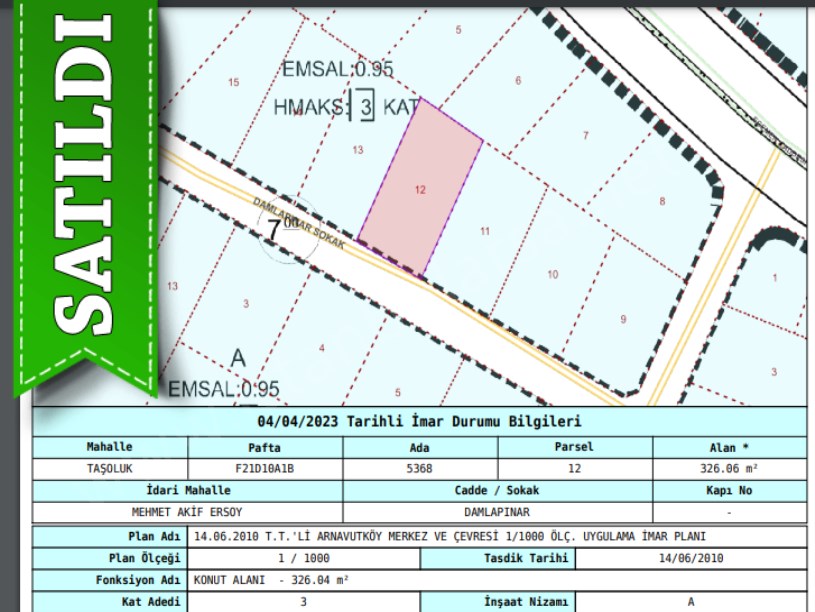 Arnavutköy Taşolukta Satılık Arsa , 326 M2 Müstakil 3 Kat İmarlı 