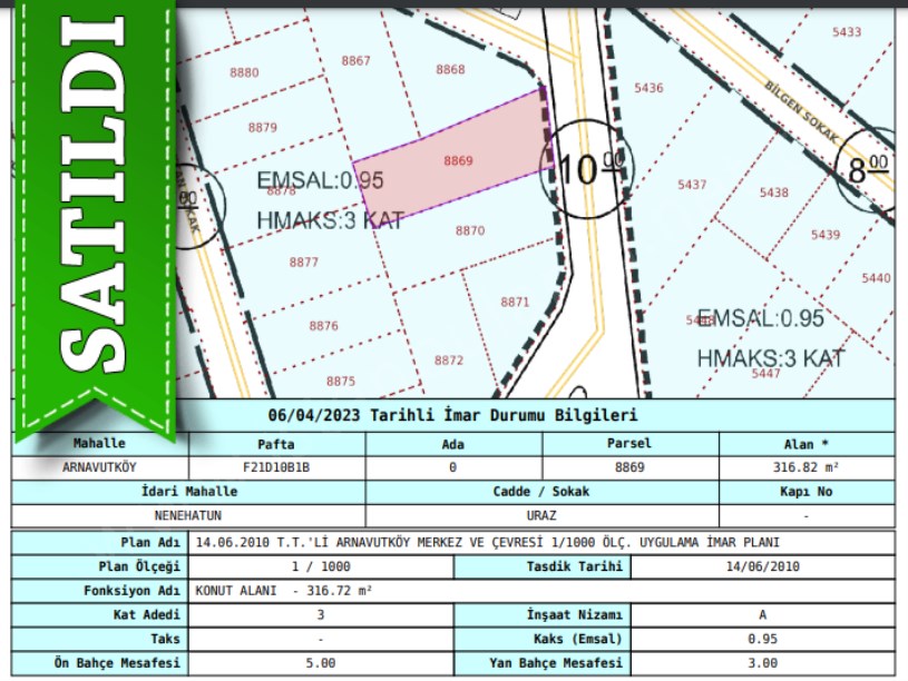  Arnavutköy NeneHatun Mah. Satılık Arsa , 302 M2 Müstakil Konut İmarlı