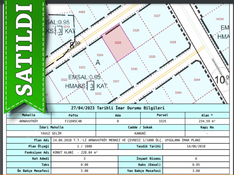 Arnavutköy Yavuzselim Mah Satılık Arsa , 234 M2 Müstakil 3 kat İmarlı 