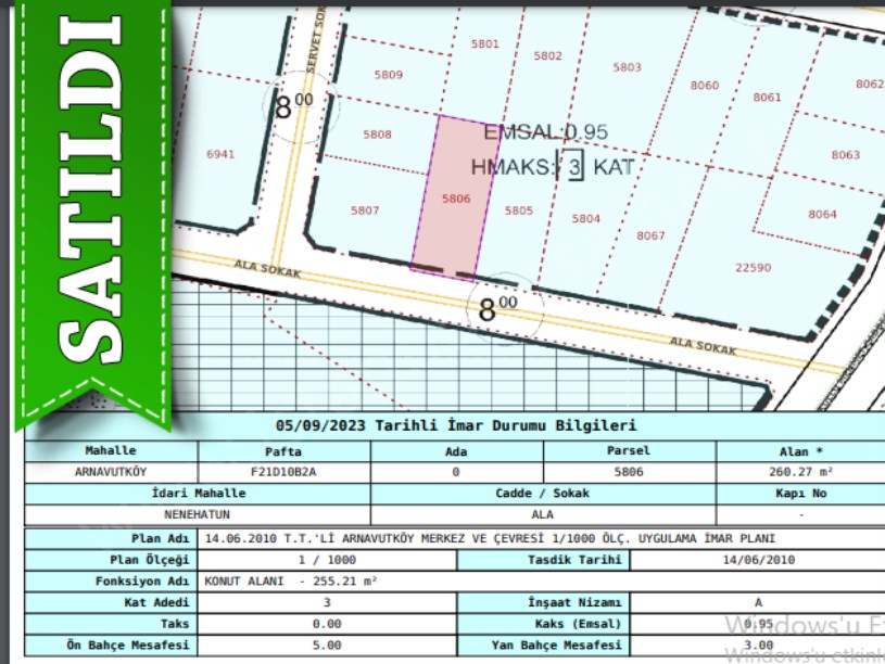  Arnavutköy NeneHatun Mah. Satılık Arsa , 260 M2 Müstakil 3 Kat İmarlı