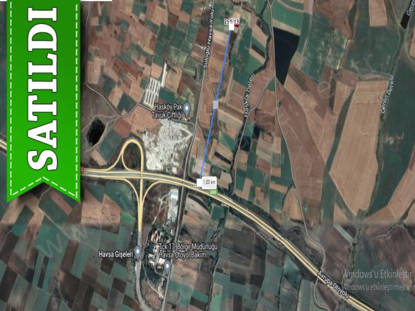Edirne Havsa Hasköy Satılık Tarla , 1,423 m2 Yolu Var Müstakil
