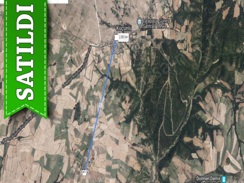 Edirne Lalapaşa Küçünlü Köyünde Satılık Tarla , 2,578 m2 Resmi Yola Cephe