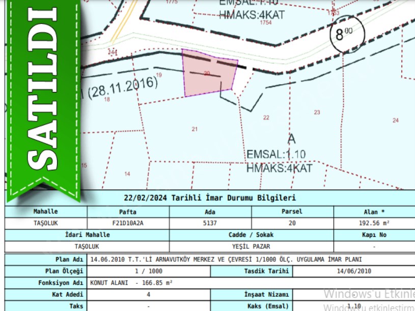 Arnavutköy Taşolukta Satılık Arsa , 192 M2 Cadde Cephe 4 Kat İmarlı