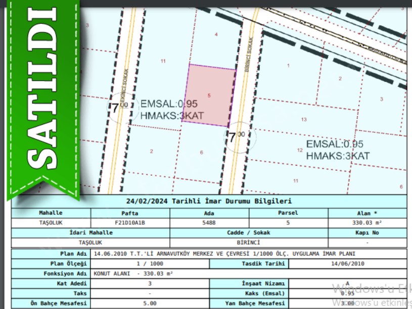Arnavutköy Taşolukta Satılık Arsa , 330 M2 Caddeye Yakın 3 Kat İmarlı Müstakil 