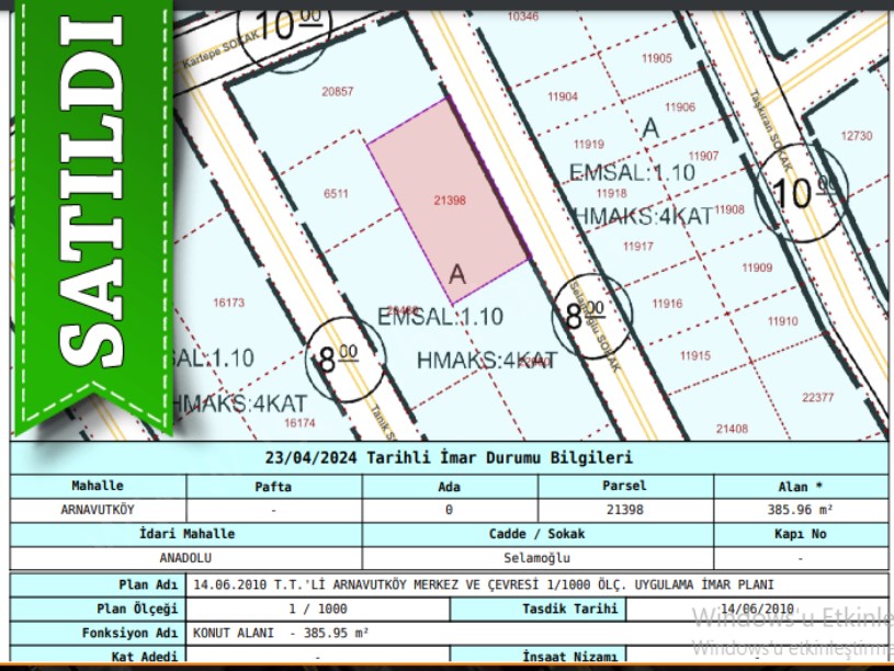  Arnavutköy Anadolu Mah. Satılık Arsa , 386 m2 Müstakil 4 Kat İmarlı