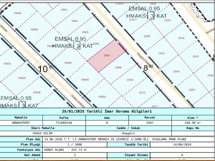 Arnavutköy Yavuzselim Mah Satılık Arsa , 247 M2 Müstakil Merkezde