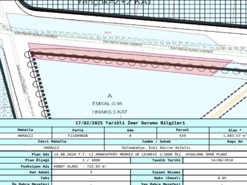 Arnavutköy Haraççıda Satılık Arsa , 1,484 M2  Cadde Cephe İmarlı Müstakil