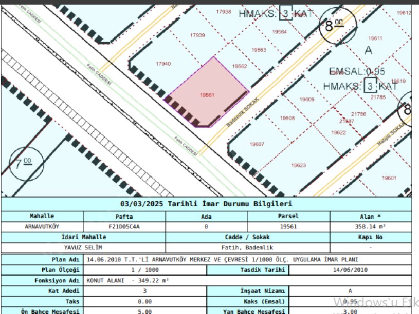 Arnavutköy Yavuzselim Mah Satılık Arsa , 358 m2 Köşe Başı Cadde Cephe Müstakil