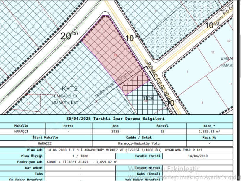 Arnavutköy Haraççıda Satılık Arsa , 1,885 m2 Cadde Cephe Müstakil Merkezde