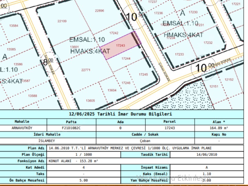 Arnavutköy İslambeyde Satılık Arsa , 165 m2 Müstakil 4 kat İmarlı Merkezde  