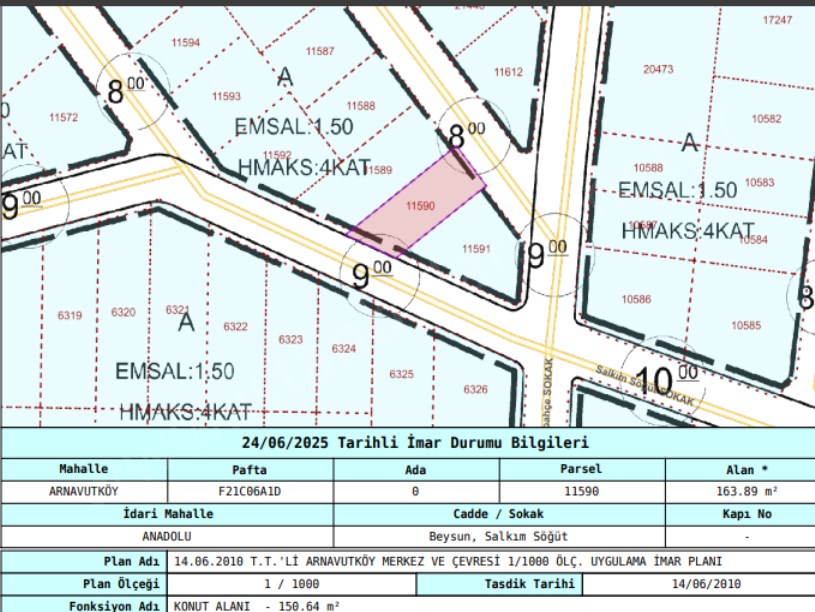 Arnavutköy Anadolu Mah Satılık Arsa , 164 m2 Müstakil 4 Kat İmarlı 