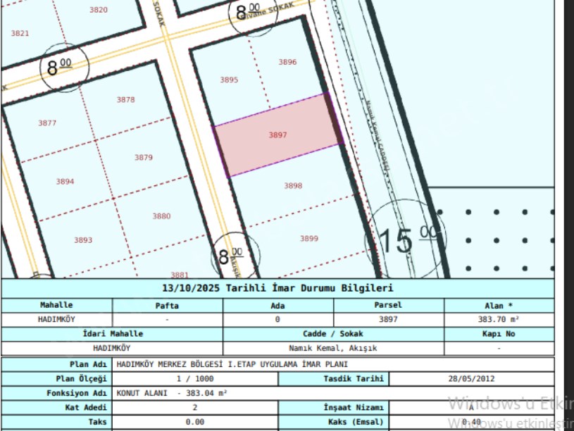 Arnavutköy Hadımköyde Satılık Arsa , 384 M2 Cadde Cephe Müstakil İmarlı 