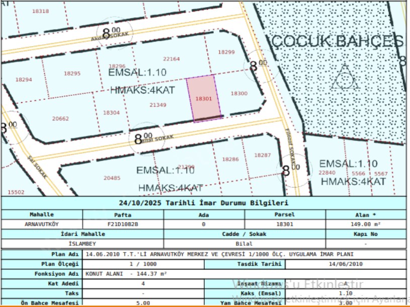 Arnavutköy İslambeyde Satılık Arsa ,149 m2 Müstakil 4 Kat İmarlı  Merkezde 