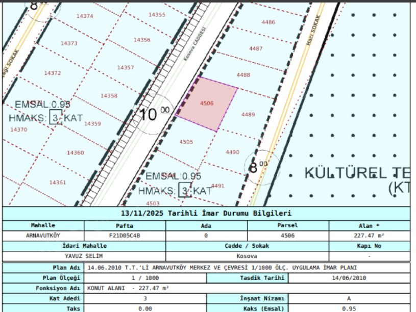 Arnavutköy Yavuzselim Mah Satılık Arsa , 227 m2 Cadde Cephe Müstakil  3 Kat İmarlı 