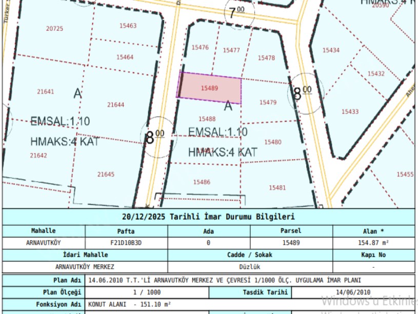  Arnavutköy Merkez mh Satılık Arsa , 155 m2 Müstakil 4 Kat İmarlı 