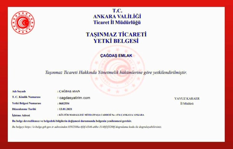 Taşınmaz Ticareti Yetki Belgemiz