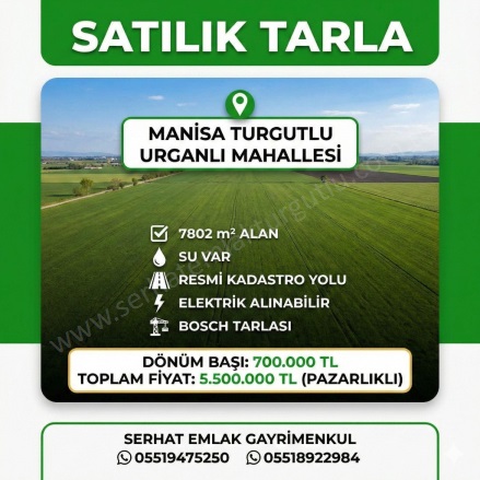 Urganlı Mah. Turgutlu Satılık Tarla |  7802M2 5.500.000Tl Resim-1