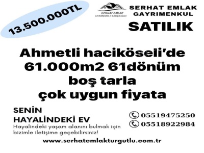 Ahmetli Satılık Tarla Hacıköseli Köyünde 61 Dönüm Mah