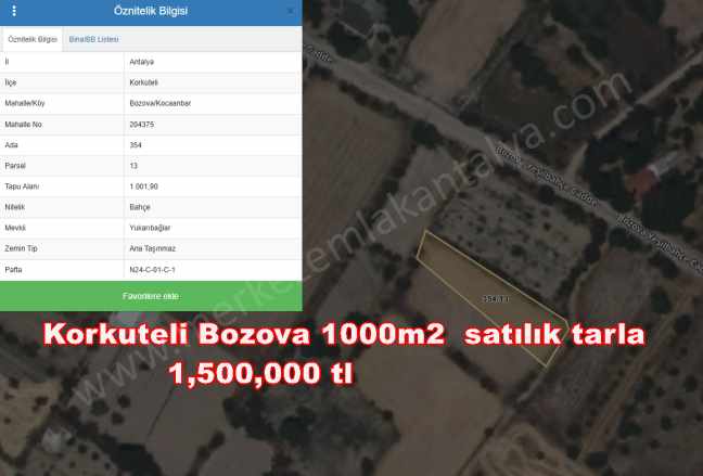 Korkuteli Satılık Tarla Antalya Kevzer Mah