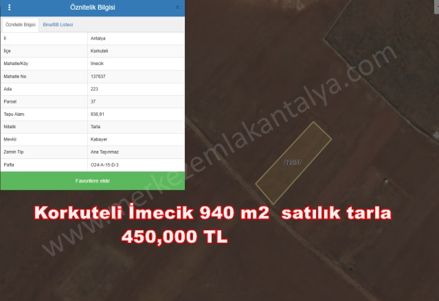 Kevzer Mah. Korkuteli Satılık Tarla |  500M2 450.000Tl Resim-4