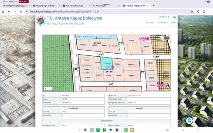 Kat Karsılıgı Arsa Antalya Kepez Aktoprak Mah 548 M2 Oran %45 Acıklamayı Okuyunuz Satılık Karşılığı
