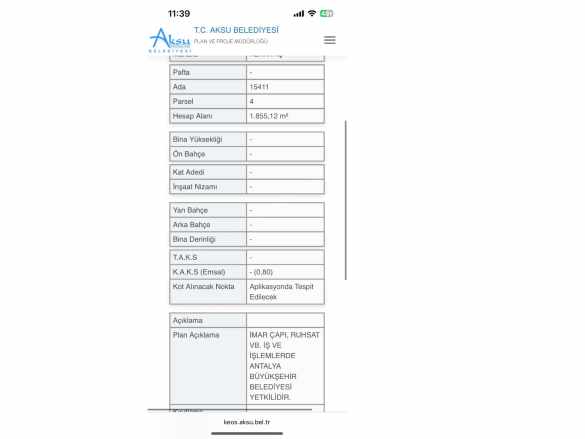 Antalya Aksu Altıntaşda 1855 M2 %50 Kat Karşılığımız Sizlerle Satılık Karşılığı Arsa Altıntaş Mah