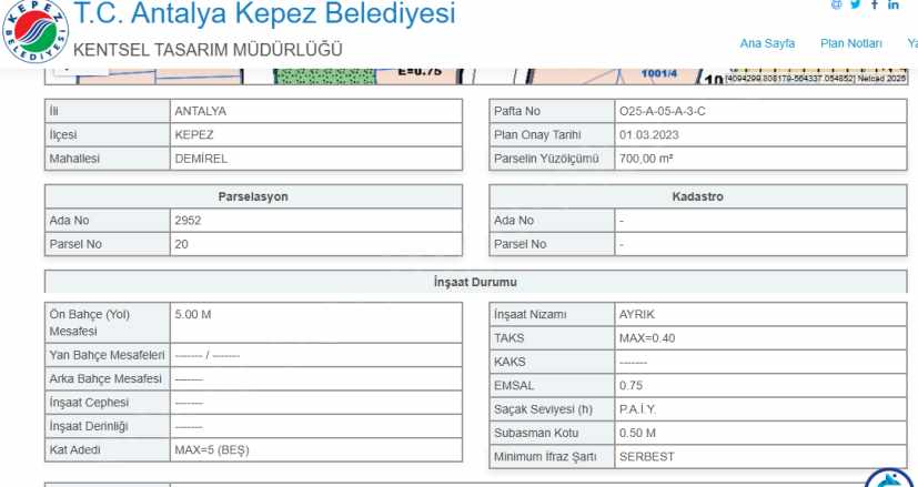 Demirel De Kat Karşılığı Ticari+Konut 700M2 Satılık Arsa Kepez Mah