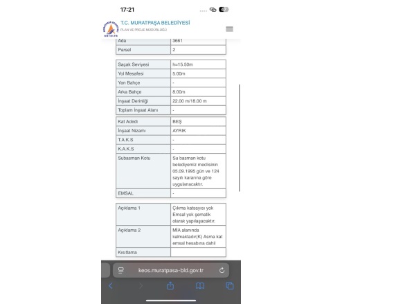 Yüksekalan Mah. Muratpaşa Satılık Kat Karşılığı Arsa |  2500M2 1Tl Resim-2