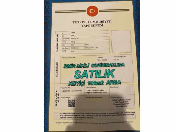 izmir Dikili Eskikıratlıda Satılık Arsa Köyiçi 184M2 Nitelik Kıratlı Mah
